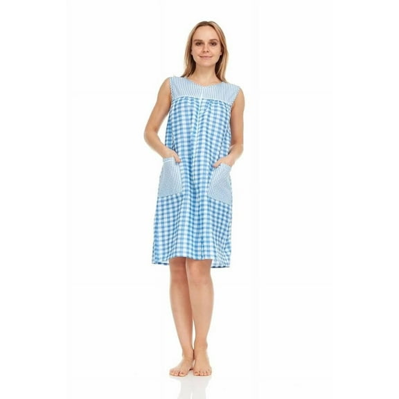 Dream8teen Women's Zipper Front Closure House Dress Sleeveless Woven Housecoat Duster Lounger Robe 509 Blue Gingham 2X-Large