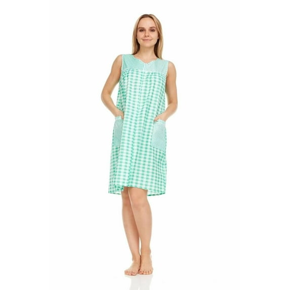Dream8teen Women's Zipper Front Closure House Dress Sleeveless Woven Housecoat Duster Lounger Robe 509 Green Gingham 2X-Large