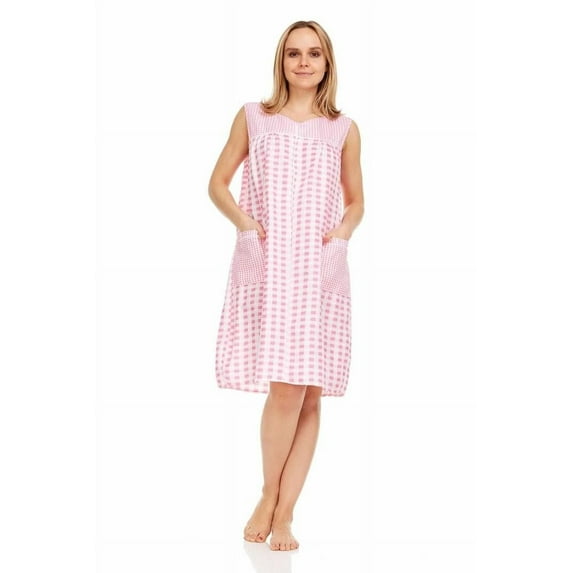 Dream8teen Women's Zipper Front Closure House Dress Sleeveless Woven Housecoat Duster Lounger Robe 509 Pink Gingham 2X-Large