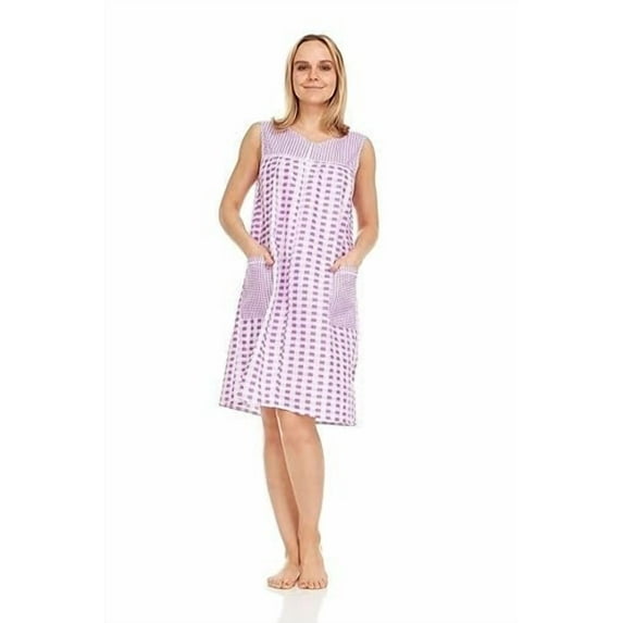 Dream8teen Women's Zipper Front Closure House Dress Sleeveless Woven Housecoat Duster Lounger Robe 509 Purple Gingham X-Large