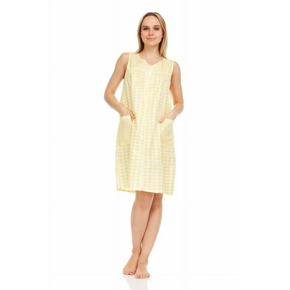 Dream8teen Women's Zipper Front Closure House Dress Sleeveless Woven Housecoat Duster Lounger Robe 509 Yellow Gingham 2X-Large