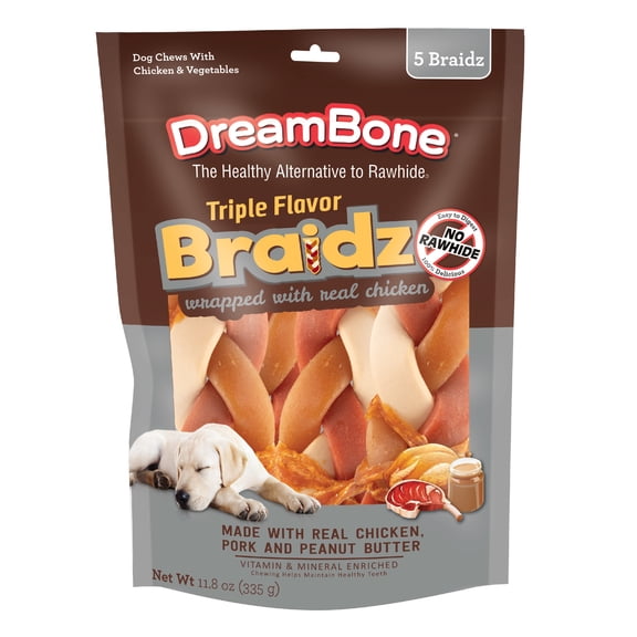 DreamBone Braidz Rawhide Free Dog Chews, Made with Real Chicken, Pork and Peanut Butter, 5 Count