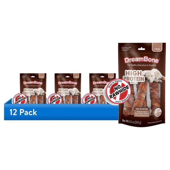 (12 pack) DreamBone High Protein Rolls, Buffalo, Chicken and Peanut Butter Flavor, Rawhide-Free Chews for Dogs, 4 Count