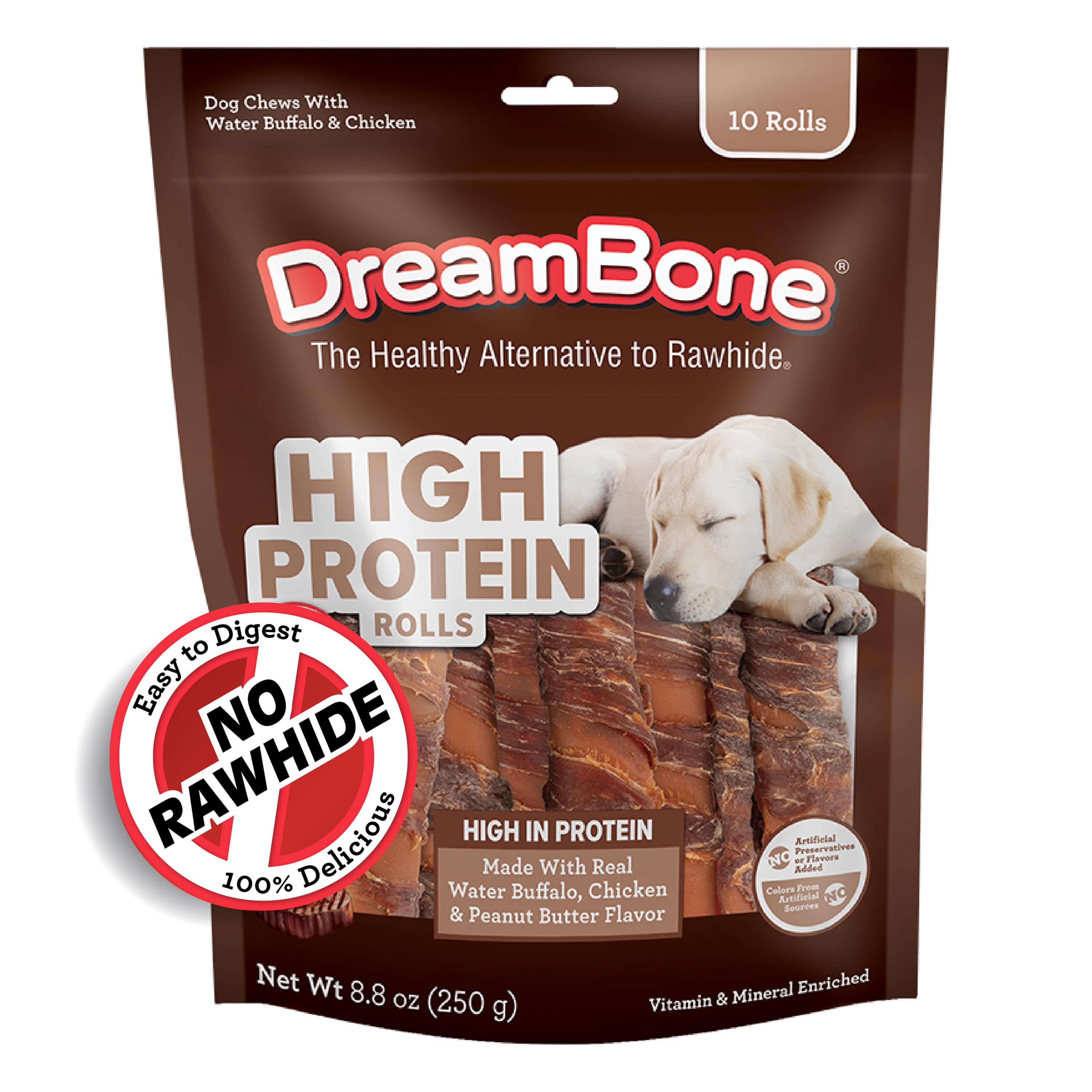 DreamBone High Protein Rolls for Dogs, Rawhide-Free Chews with Water Buffalo and Chicken, 10 Count