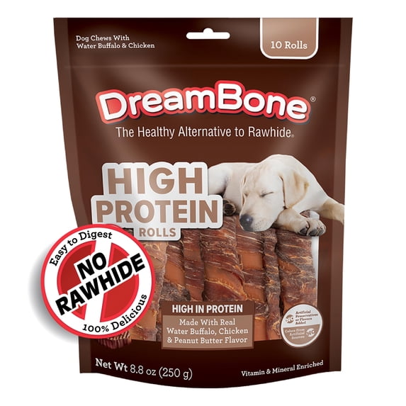 DreamBone High Protein Rolls for Dogs, Rawhide-Free Chews with Water Buffalo and Chicken, 10 Count