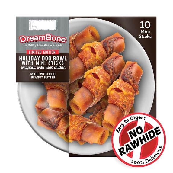 DreamBone Holiday Dog Bowl with Peanut Butter Mini Chews Wrapped in Real Chicken, 10 Chews