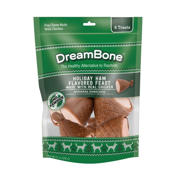 DreamBone Holiday Ham Flavored Chews 6 Count, Made With Real Chicken, Rawhide-Free Chews For Dogs