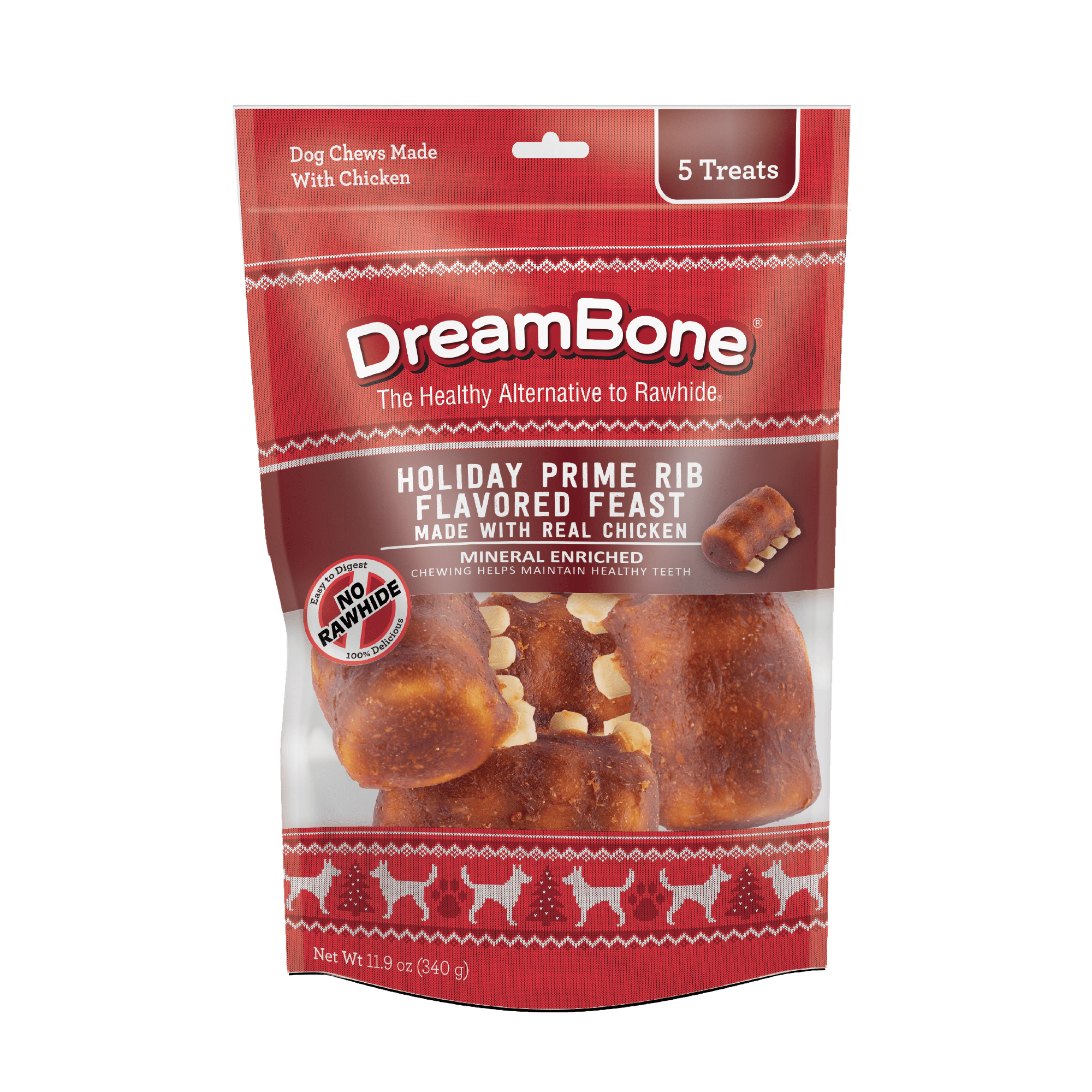 DreamBone Holiday Prime Rib Flavored Chews, 5 Count, Rawhide Free