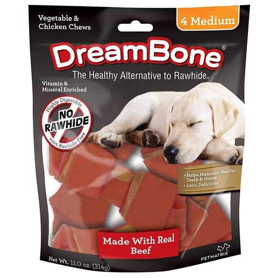 DreamBone Medium Chews With Real Beef 4 Count, Rawhide-FreeChews For Dogs
