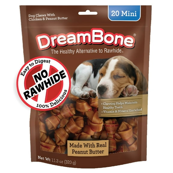 DreamBone Peanut Butter Flavored Rawhide-Free Chews for Dogs, Mini Bones, 20 Count, 11.3 oz.