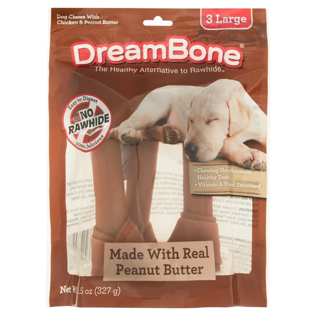 DreamBone Peanut Butter Flavored RawhideFree Dog Chews, Large, 12 Oz