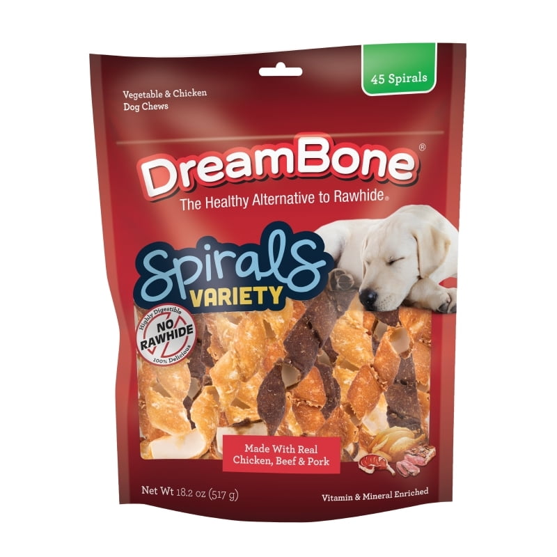 DreamBone Spirals Variety Pack Rawhide-Free Chews for Dogs, Chicken, Beef or Pork, 45 Count