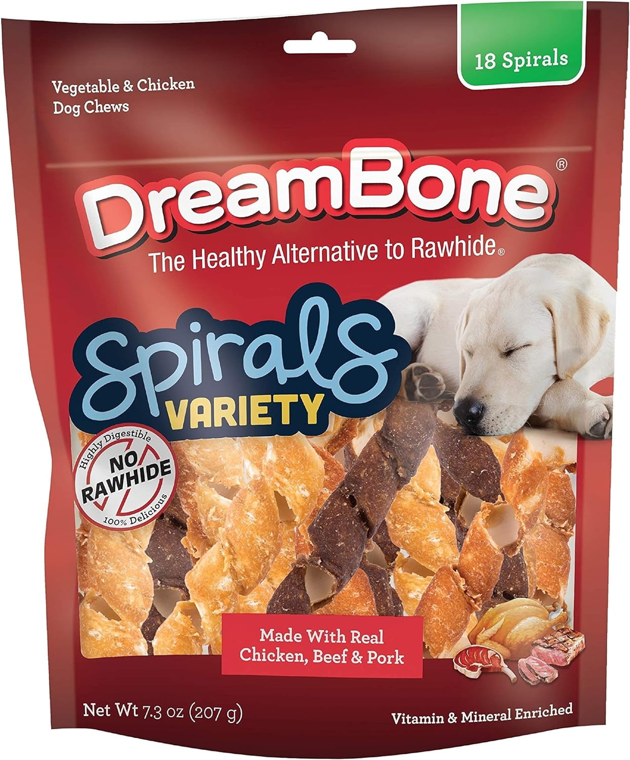 DreamBone Spirals Variety, Rawhide Free Dog Chew Sticks Made with Real Chicken Beef and Pork, 18 Count