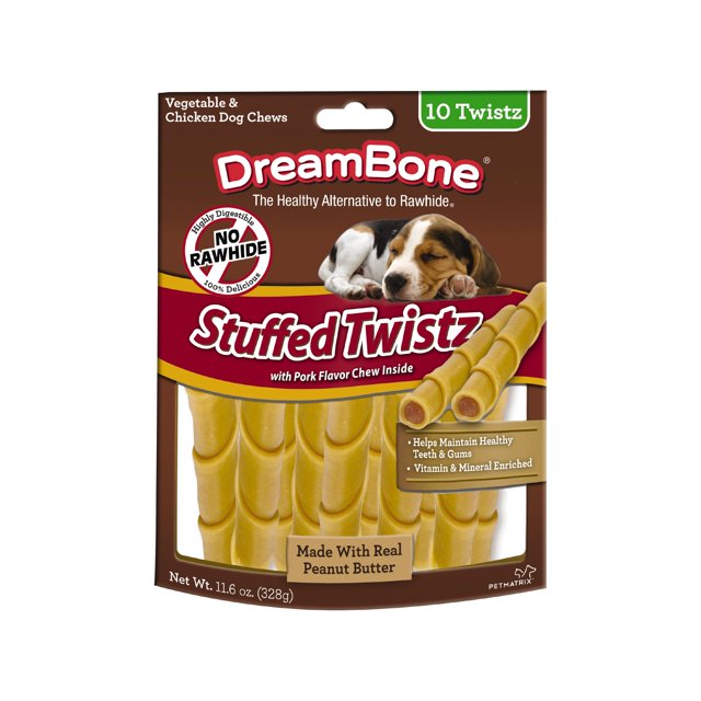 DreamBone Stuffed Twistz with Peanut Butter RawhideFree Dog Chews, 11.