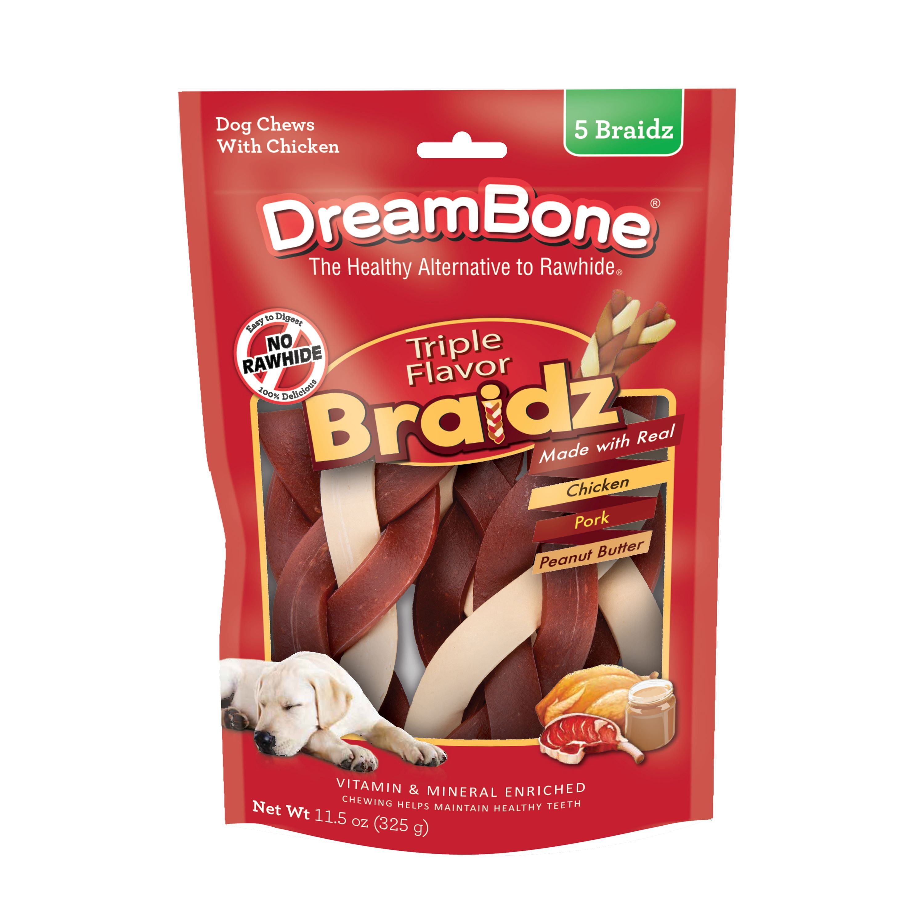 DreamBone Triple Flavor Braidz Chicken, Pork, Peanut Butter Flavored Rawhide-Free Chews for Dogs, 5 Count, 11.5 oz.