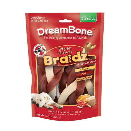 DreamBone Triple Flavor Braidz Chicken, Pork & Peanut Butter Flavored Rawhide-Free Dog Chews, 11.5 Oz. (5 Count)