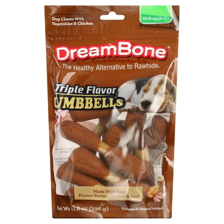 DreamBone Triple Flavor Dumbbells Rawhide-Free Chews for Dogs, Made with Peanut Butter, 12 Count