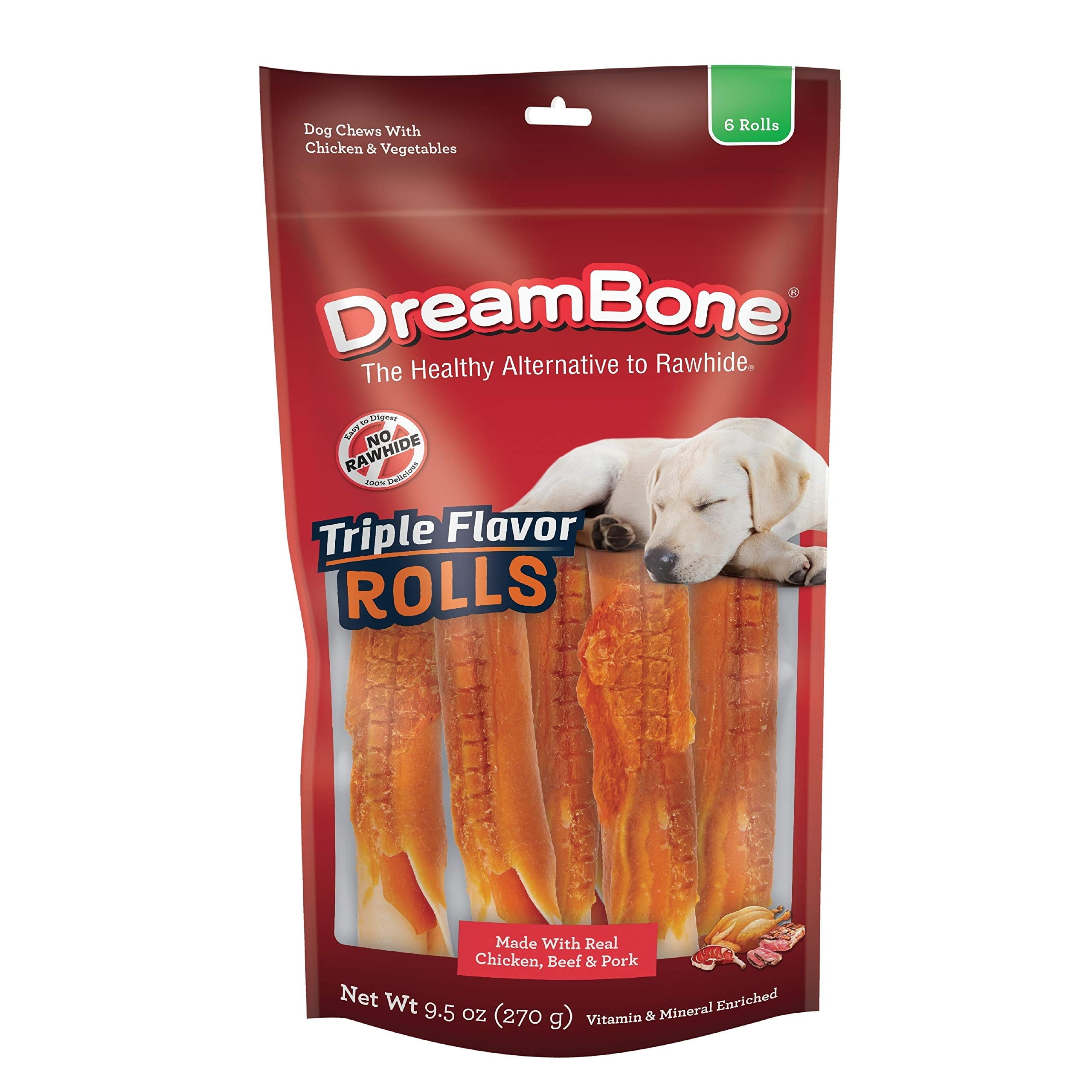 DreamBone Triple Flavor Rolls, Rawhide-Free Chews for Dogs, 6 Count