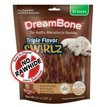 DreamBone Triple Flavor Swirlz Treats for Dogs, No Chicken Added, Easy-to-Digest Rawhide-Free Chews Made with Real Beef, Peanut Butter and Pork, 25 Count