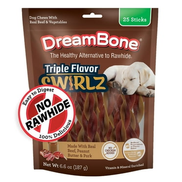 DreamBone Triple Flavor Swirlz Treats for Dogs, No Chicken Added, Easy-to-Digest Rawhide-Free Chews Made with Real Beef, Peanut Butter and Pork, 25 Count