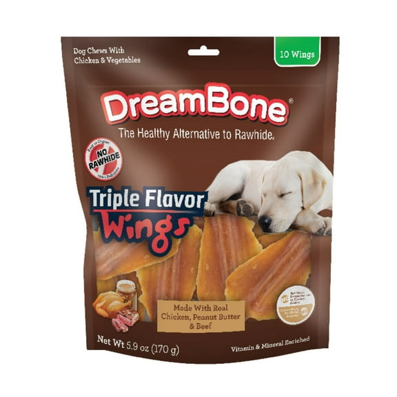 DreamBone Triple Flavor Wings Rawhide-Free Chews for Dogs, Made with Real Peanut Butter, 10 Count