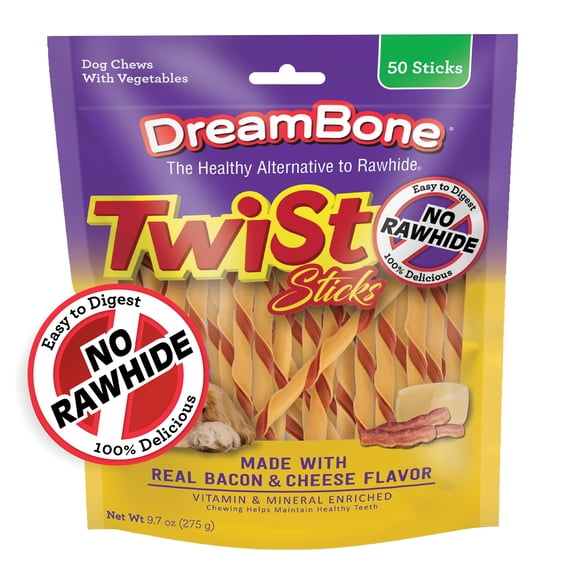DreamBone Twist Sticks Made with Real Bacon and Cheese Flavor, Rawhide-Free Chews for Dogs, 6 Count