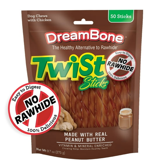 DreamBone Twist Sticks Rawhide-Free Chews for Dogs, with Real Peanut Butter, 50 Count