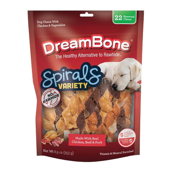 DreamBone Spirals Variety Pack Chicken, Beef or Pork, Rawhide-Free Chews for Dogs, 22 Count