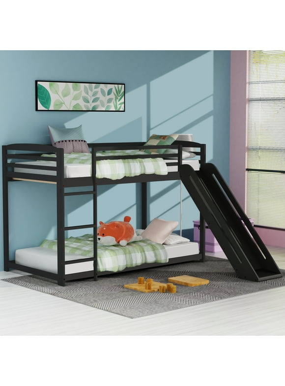 DreamBuck Bunk Bed with Slide - Wood Bunk Bed, Twin over Twin Wood Bunk Beds Frame, Low/Floor Bunked for Kids Boys Girls Teens, No Box Spring Needed, Black