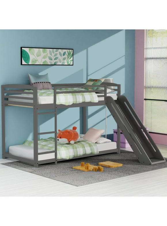 DreamBuck Bunk Bed with Slide - Wood Bunk Bed, Twin over Twin Wood Bunk Beds Frame, Low/Floor Bunked for Kids Boys Girls Teens, No Box Spring Needed, Gray