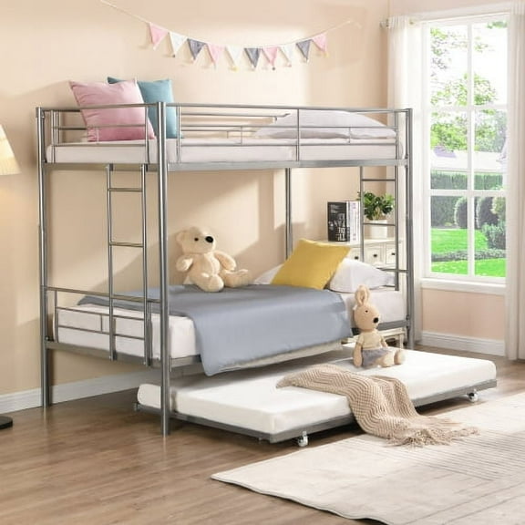 DreamBuck Bunk Bed Twin Over Twin, Metal Bunk Bed with Trundle, Bunk Bed Frame with 2 Ladders and Full-Length Guardrail, Twin Size Bunk Beds Frame for Adults, Noise Free, No Box Spring Needed