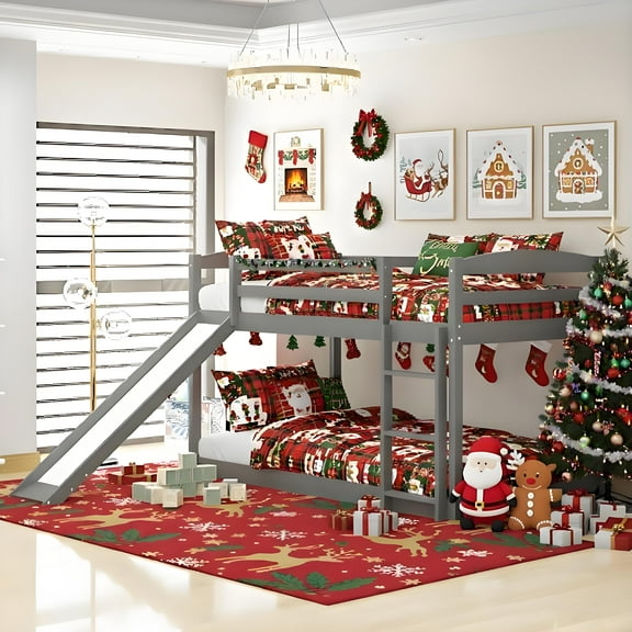 DreamBuck Bunk Bed Twin over Twin with Slide, Solid Wood Twin Bunk Bed with 15" High Safety Guard Rails & Ladder, Floor Bunk Bed for Teens Adults, Low Bunk Bed Space-saving, Noise-Free, Gray