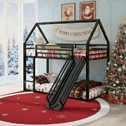 DreamBuck Twin over Twin Bunk Bed, Heavy Duty Metal House Bunk Bed with Convertible Slide, Montessori Floor Bunk Bed for Teens Adults, Space-Saving Bunk Bed for Bedroom Dorm, No Box Spring Needed