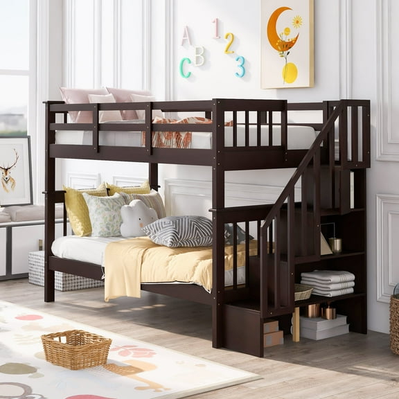 DreamBuck Bunk Beds Twin over Twin with Stairs, Wood Bunk Bed Frame with Storage and Guard Rail, Twin over Twin Bunk Bed, Twin Bunk Beds for Teens, Adults, Convertible to 2 Beds, Espresso