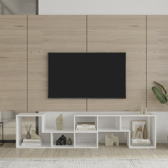 DreamBuck Double L-Shaped TV Stand with Storage Shelves, Adjustable TV Console Table, Wood TV Stand for 32-70 Inch TVs, Cubed Open Shelves, Divider, and Display Shelf in one, for Living Room or Room
