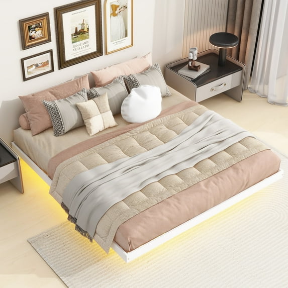 DreamBuck Floating Bed Frame King, Wood Floating Bed Frame with LED Lights, Modern King Bed Frame with Wood Slat Support, Platform Bed Frame for Girls, Boys, Adults, No Box Spring Needed