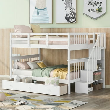 DreamBuck Full over Full Bunk Bed with 3 Drawers and Storage Shelves, Stairway Bunk Bed for Adults, Solid Wood Bedframe, Convertible to 2 Full Beds, Perfect for Kids Bedroom, White