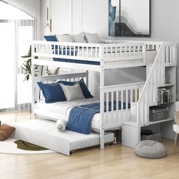 DreamBuck Full over Full Bunk Bed with Trundle and Staircase, Stairway Bunk Bed for Adults, Bunk Bed with Storage, Solid Wood Bedframe, Convertible to 3 Separate Beds, Perfect for Bedroom, White