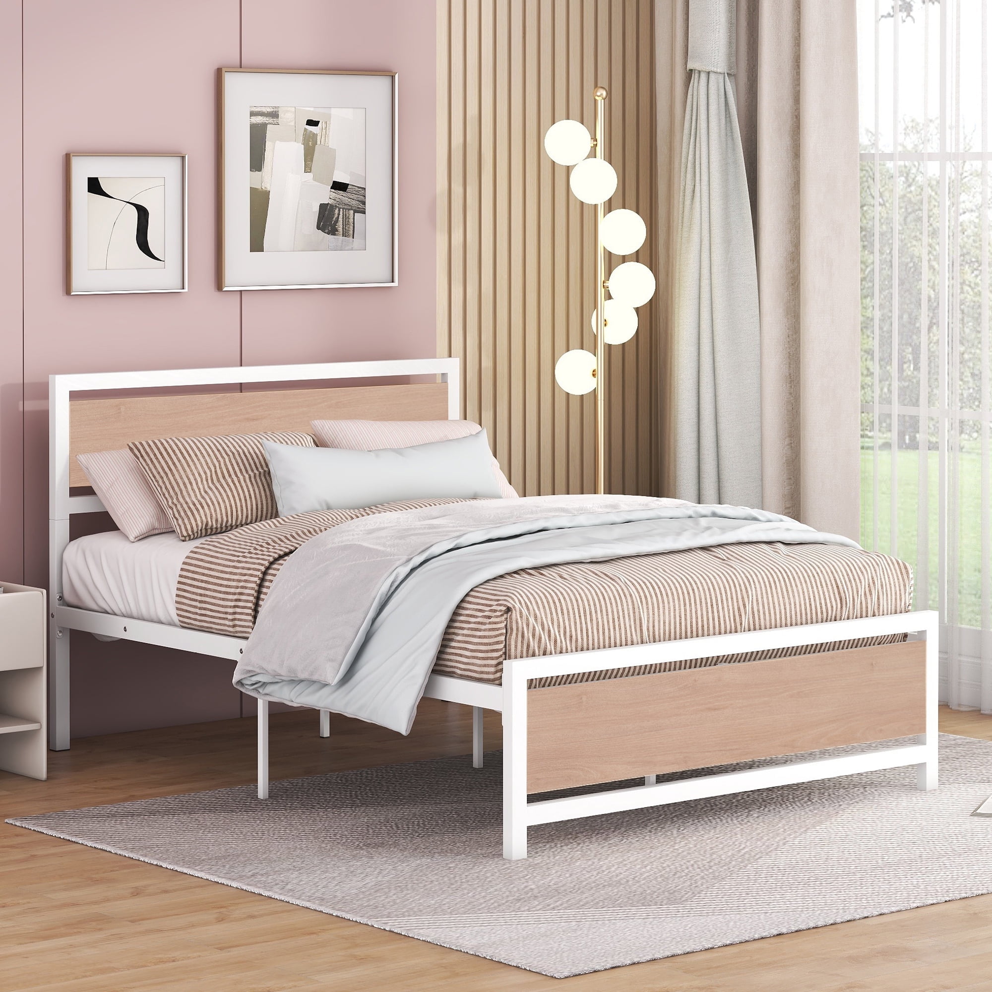DreamBuck Full Size Bed Frame with Wood Headboard and Footboard, Metal