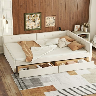 DreamBuck Full Size Daybed with 2 Drawers, Wood Upholstered Bed Frame with USB Port and Storage, Linen Fabric Daybed, Full Bed Frames for Bedroom, Living Room, No Box Spring Needed, Beige