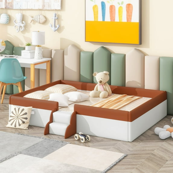 DreamBuck Full Size Floor Bed, PU Leather Upholstered Daybed with Stairs, Fence and Wood Slats Support, Montessori Bed Frame for Teens, No Box Spring Needed