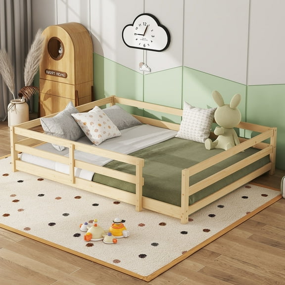 DreamBuck Full Size Floor Bed, Montessori Floor Bed with Fence, Montessori Bed Full Size, Wood Montessori Floor Bed for Girls, Boys, Natural