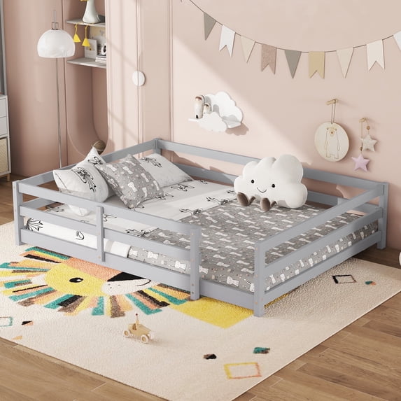 DreamBuck Full Size Floor Bed, Wood Montessori Floor Bed with Fence, Montessori Bed Full Size, Wood Montessori Floor Bed for Bedroom, Gray