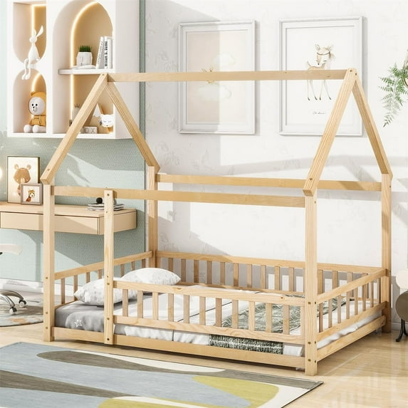 DreamBuck Full Size House Floor Bed with High Fence Guardrails, Wooden Montessori Bed Frame with Roof, Montessori Floor Bed Frame for Boys, Girls, Full Floor Bed for room