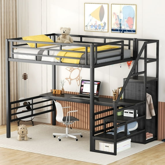 DreamBuck Full Size Loft Bed with Desk, Metal Loft Beds with Convertible Stairway and Built-in Wardrobe, Multifunctional Loft Bed for Teens Adults, Space-Saving Loft Bed for Bedroom, Dorm, Black