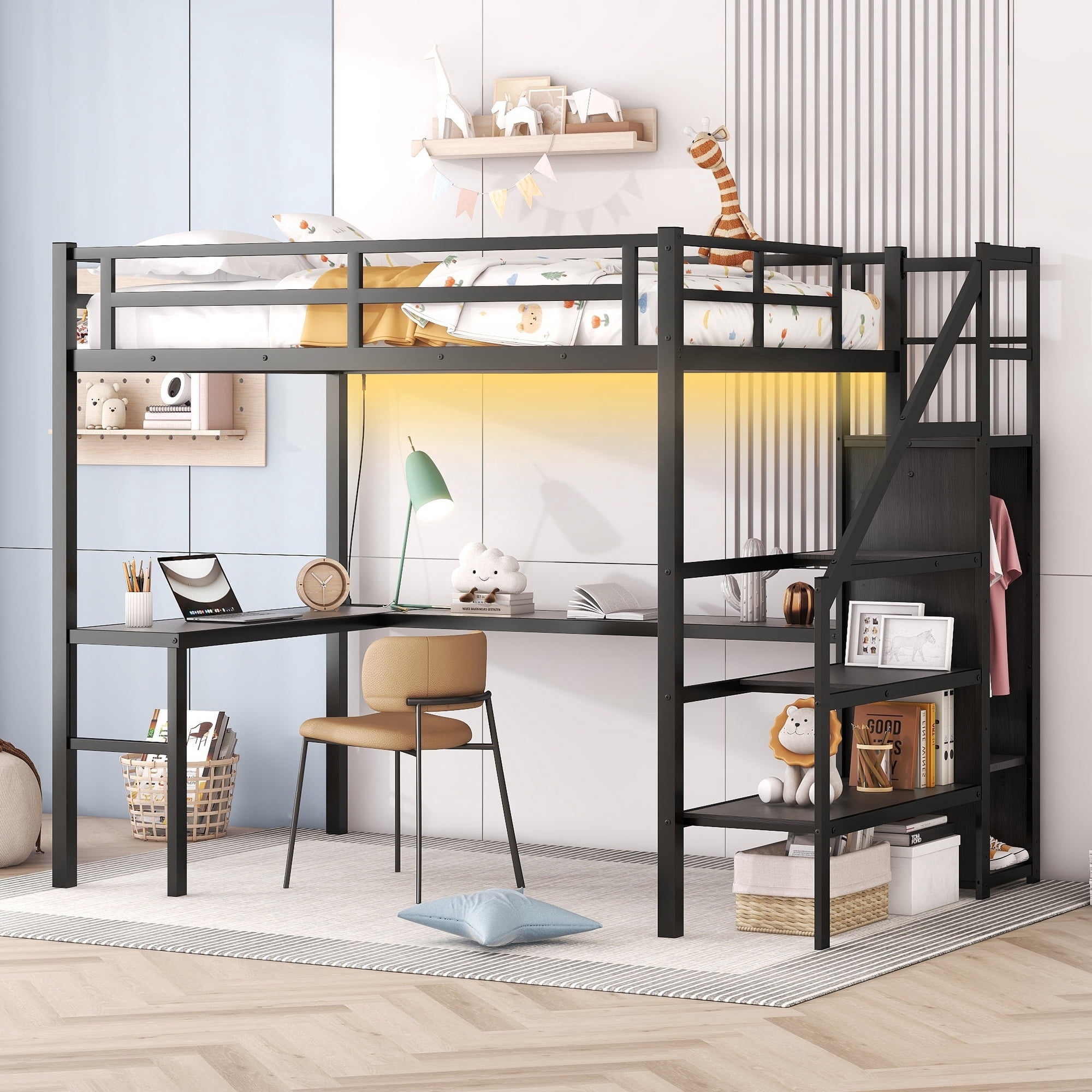 DreamBuck Full Size Loft Bed with L-shaped Desk and Storage Staircase ...