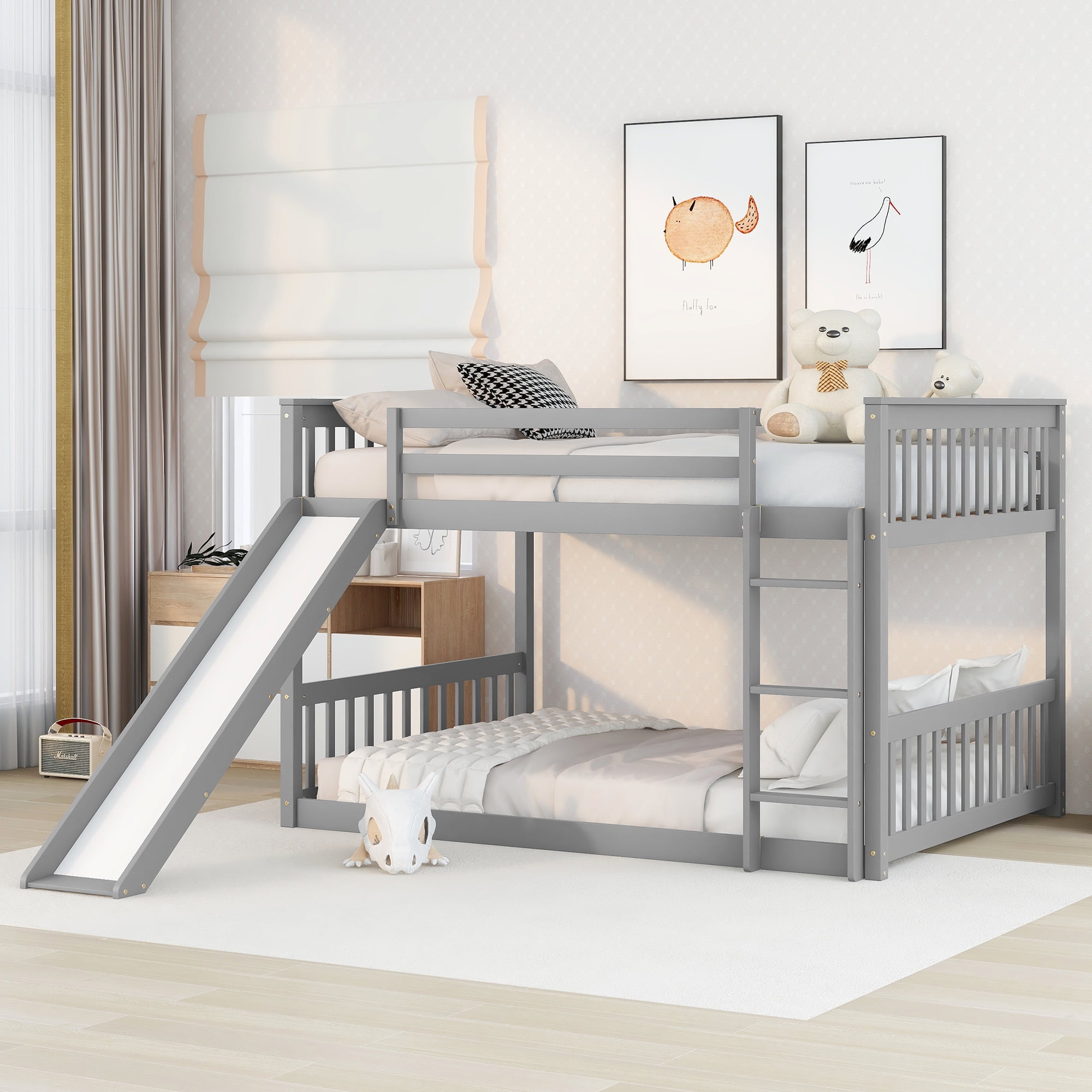 DreamBuck Full Size Loft Bed with Slide, Wood Loft Bed Frame Full with