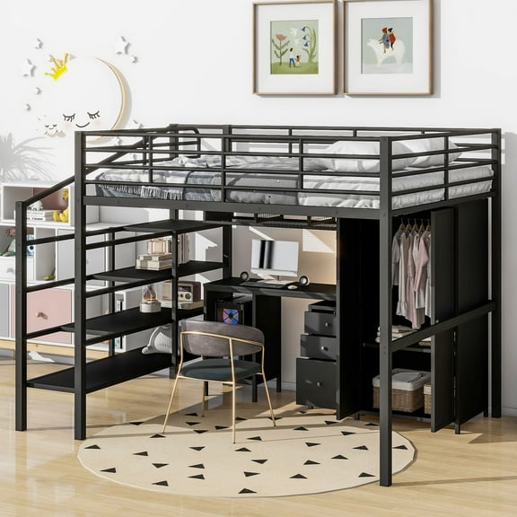 DreamBuck Full Size Loft Bed with Stairs, Wardrobe and Shelves, Metal Loft Bed Frame with Built-in Desk and Drawers Cabinet, Loft Bed Frame with Guardrail, Full Bed Frame for Teens, Noise Free