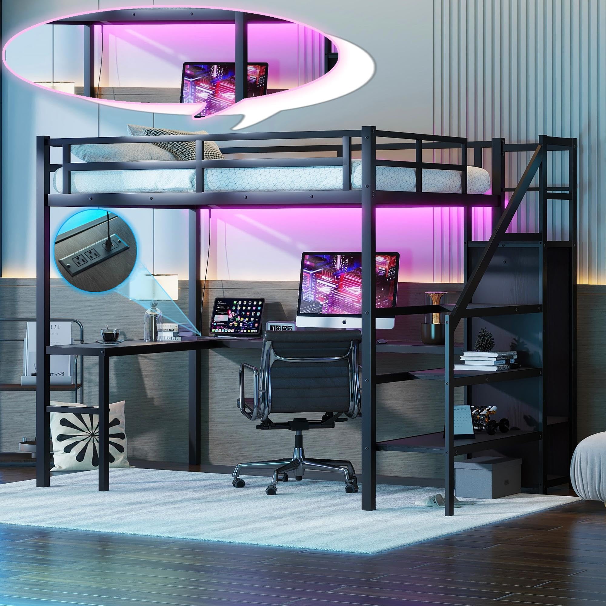 DreamBuck Loft Bed for Kids, Full Metal Loft Bed with Desk, LED Light and Charging Stations, Space-Saving Bed with Shelves, Wardrobe and Storage Stairs, Loft Bed for Teens, Adults, Bed for Kids Room