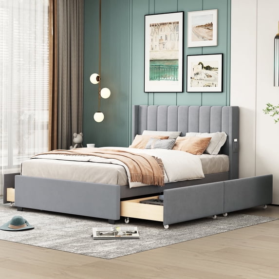 DreamBuck Full Size Upholstered Bed Frame with 4 Storage Drawers and Headboard, Velvet Upholstered Platform Bed Frame with Wood Slats, Full Bed Frame for Teens, Adults, No Box Spring Needed